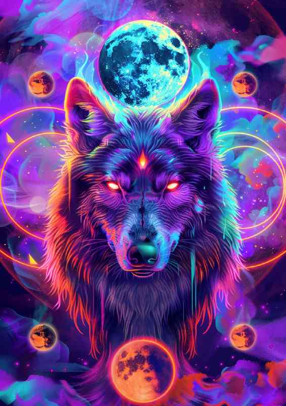 Mystical wolf in full neon colours | Metal Poster