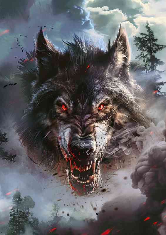 Snarling wolf with red eyes forest and clouds | Di-Bond