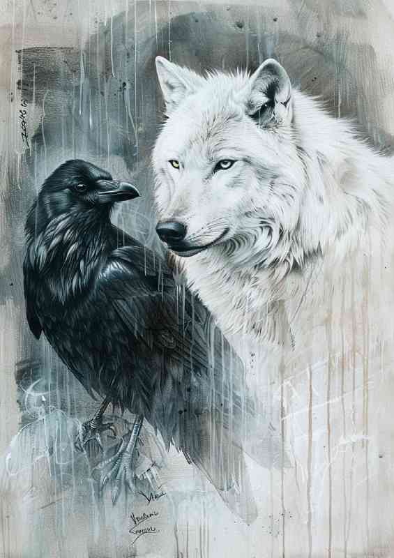 White wolf with black eyes next to the crow | Di-Bond