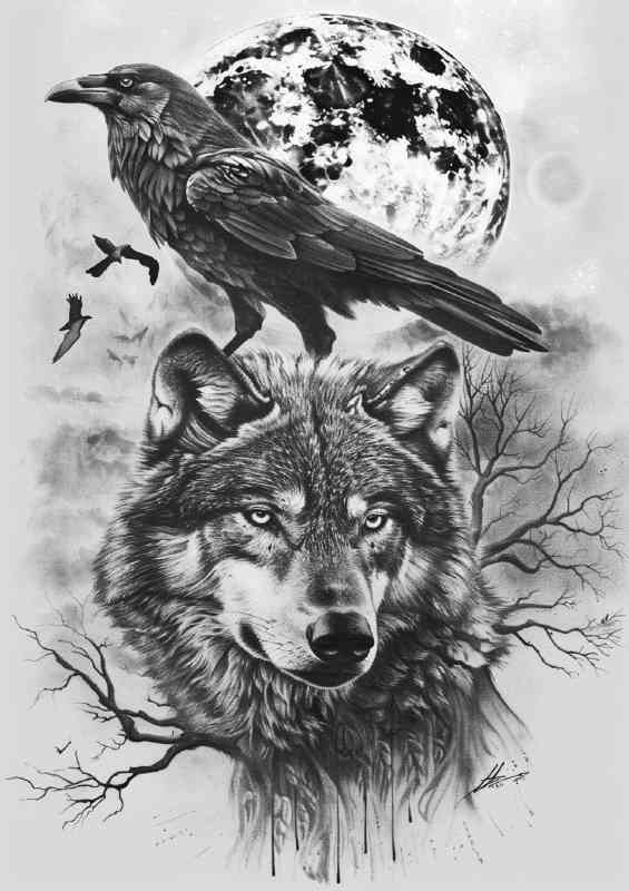Wolf and the crow full moon black and white | Di-Bond