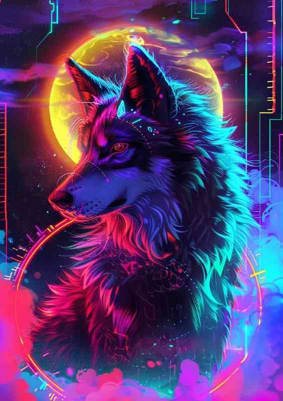 Wolf mystical glowing with neon full colours | Di-Bond