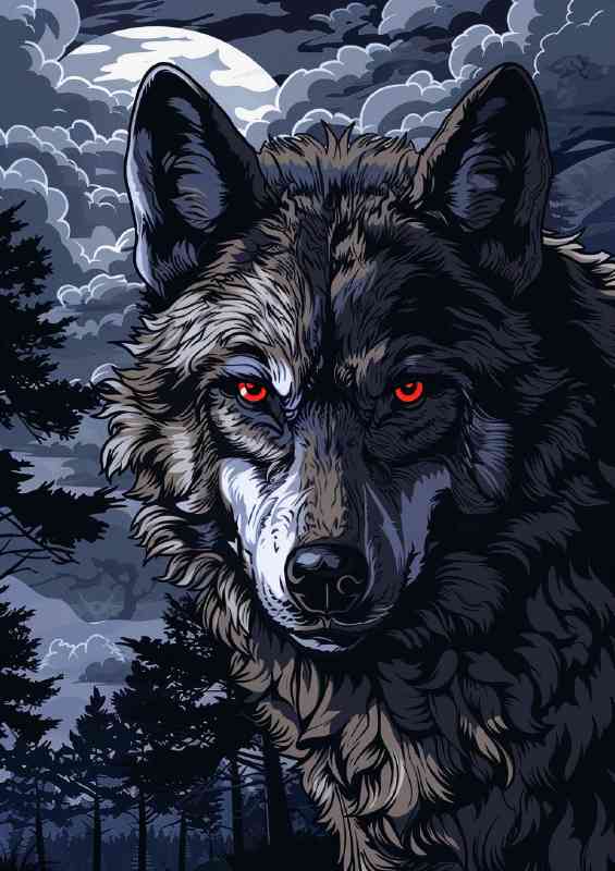 Wolf with piercing red eyes and clouds | Metal Poster