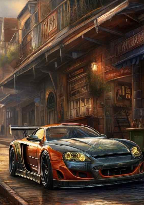 Super car in the old school road | Metal Poster