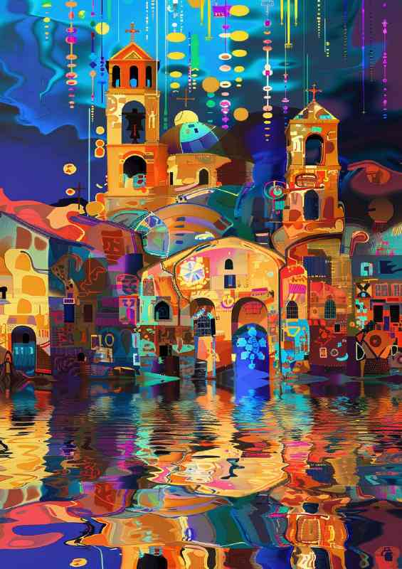 Aancient city with a reflection waved design | Metal Poster