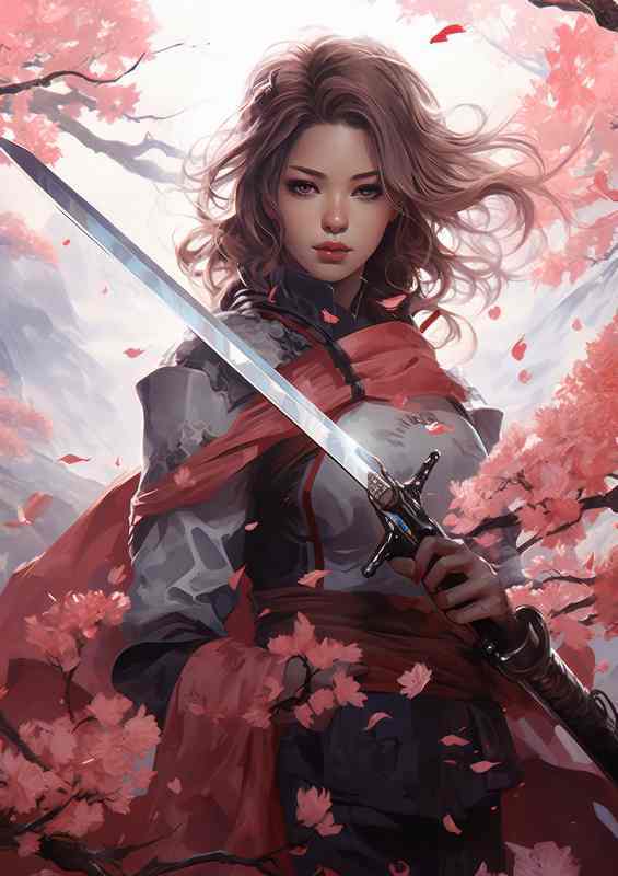 Anime style art with a sword style red pink cherry tree | Canvas