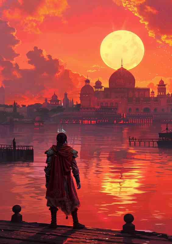 Beautiful red sunset over the lake with an ancient building | Metal Poster