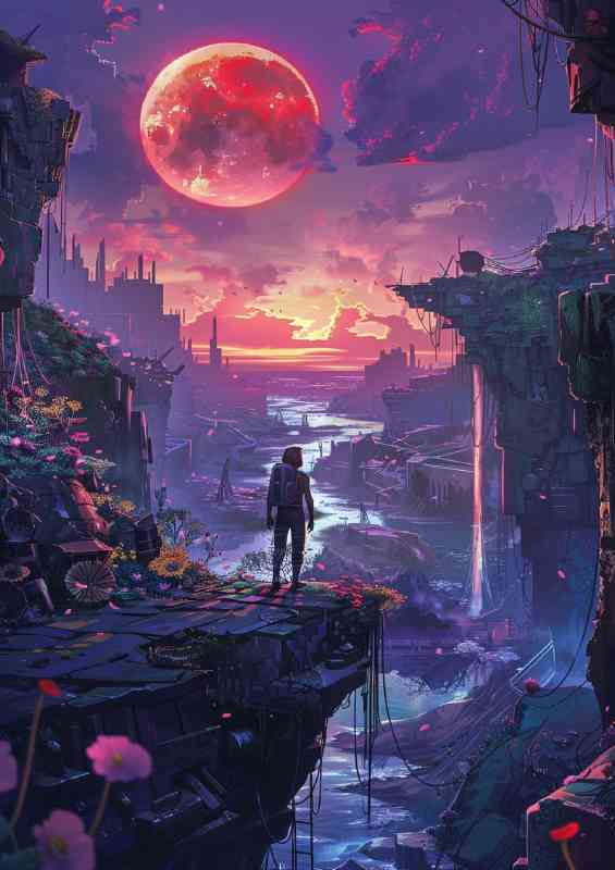 Cyberpunk man in dark walks along the bridge | Canvas