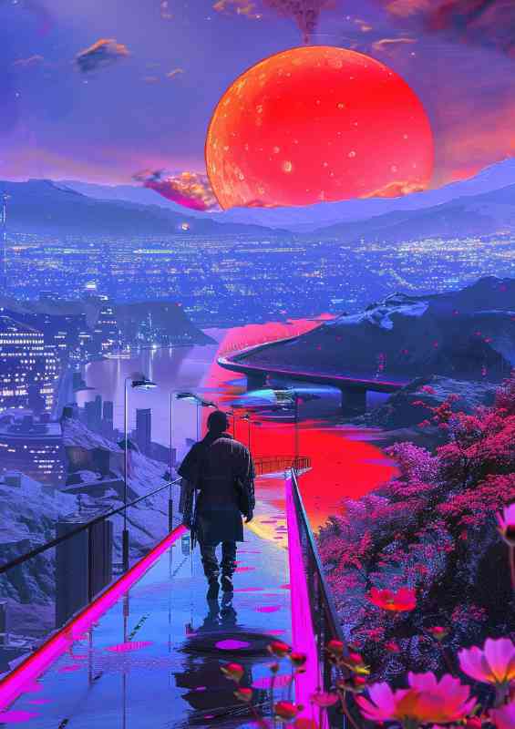 Cyberpunk man walking towards the orange sunset | Poster