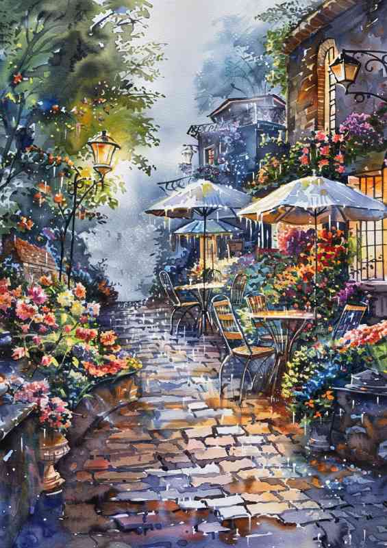 Enchanting painting village street scene | Metal Poster