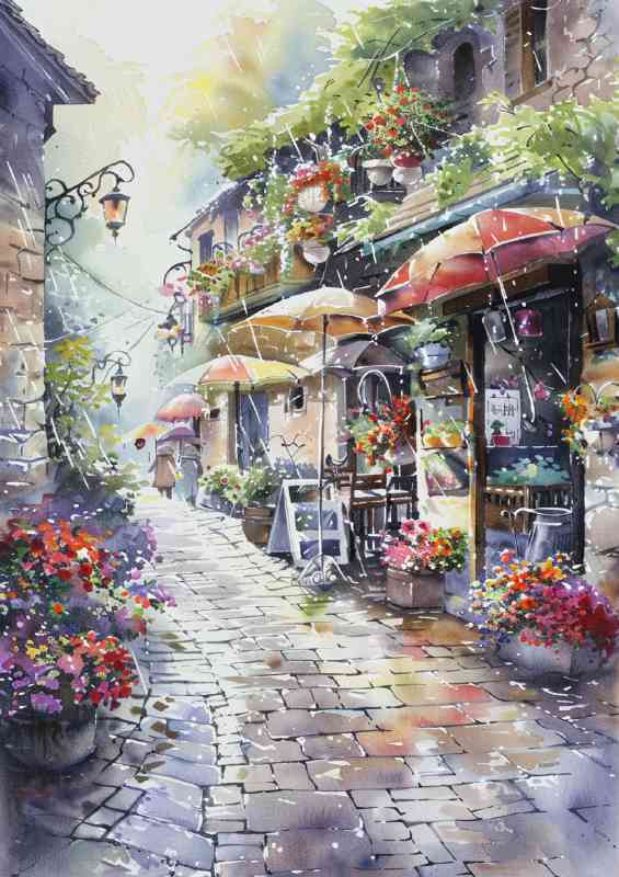 Enchanting street village scene | Metal Poster