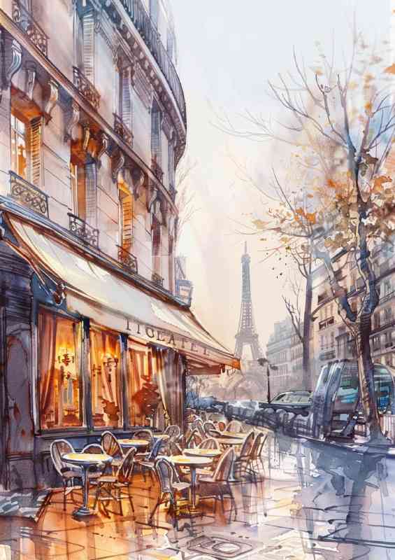 Street paris cafe watercolour style | Metal Poster