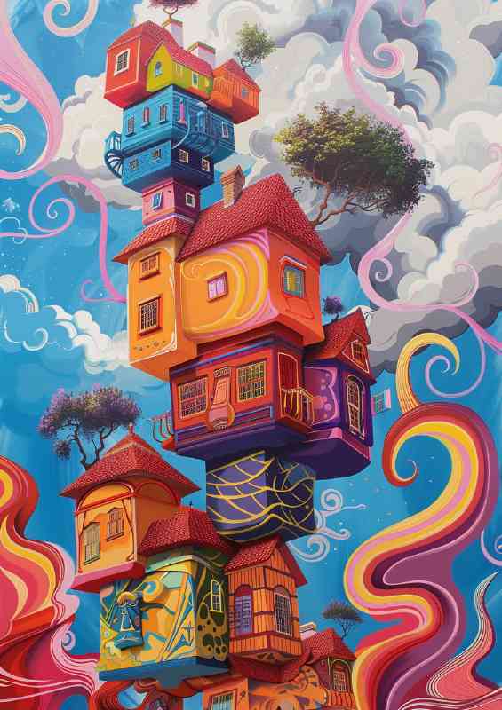 Surreal houses stacked high in the sky | Canvas