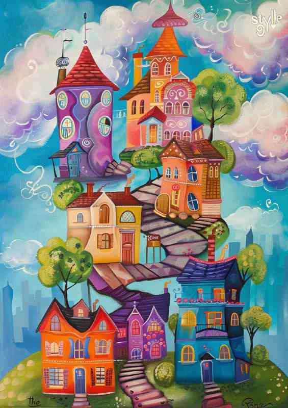 Surreal painted houses high in the sky | Di-Bond