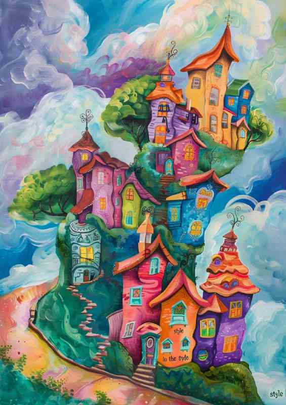 The houses stacked up on the hil surreal painting | Di-Bond