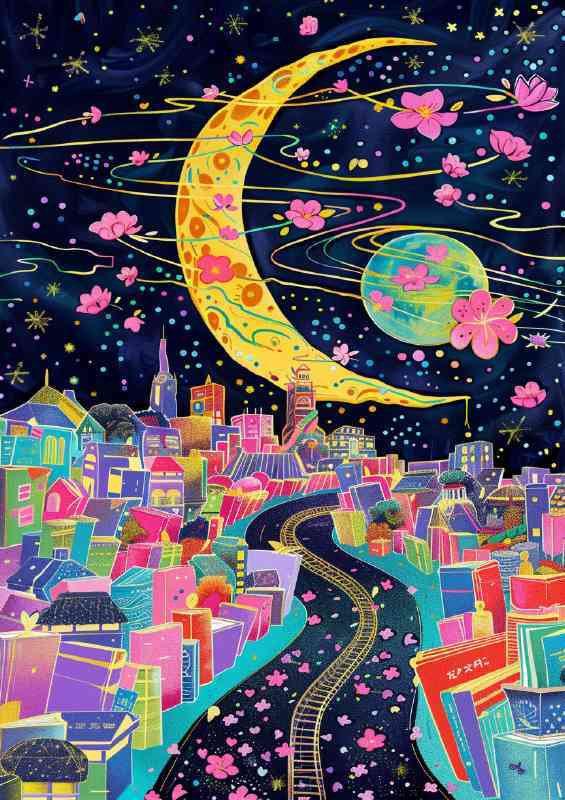 The yellow moon over the bright painted city | Di-Bond
