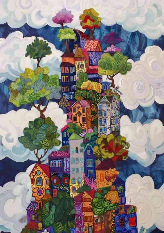 Urban city fantasy houses in clouds | Poster