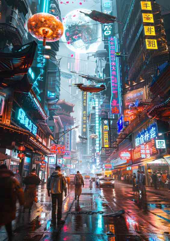 A cyberpunk street with neon signs and holograms | Metal Poster