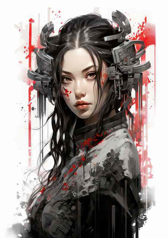 Cyberpunk Japanese girl ink style | Metal Poster