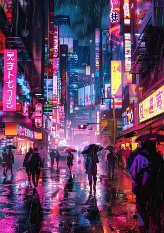 Bustling cyberpunk city street neon signs glowing | Canvas