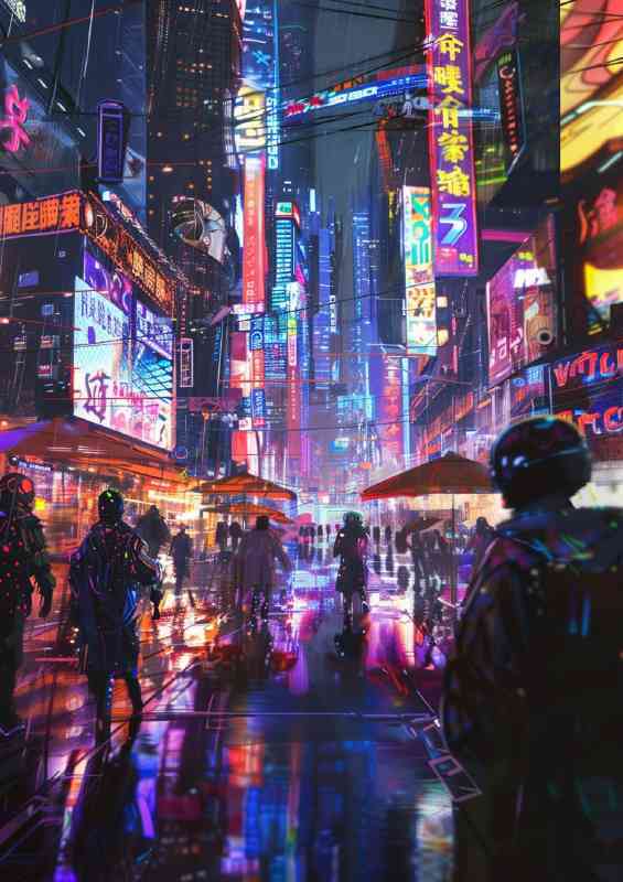 Bustling cyberpunk city street with neon signs | Canvas