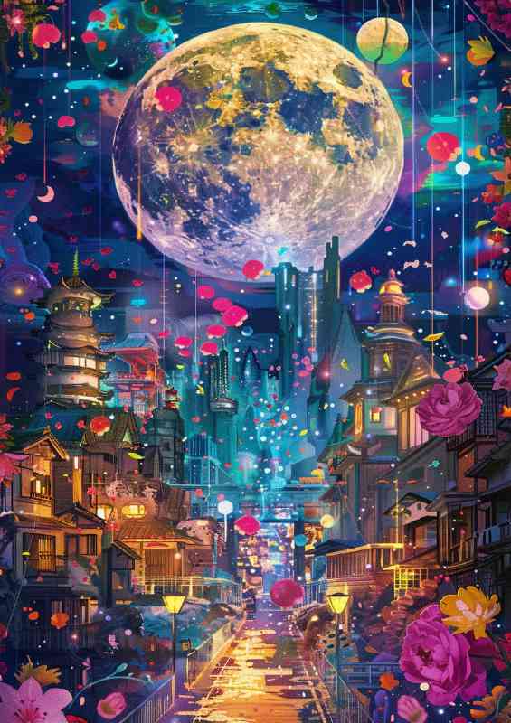 Fantasy full moon with red flowers city | Canvas