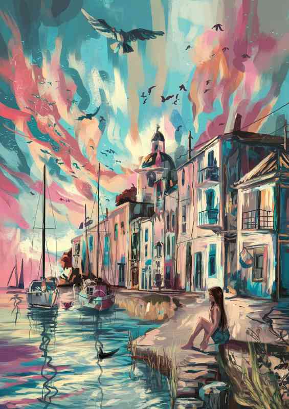 Painted costal town during sunset | Canvas