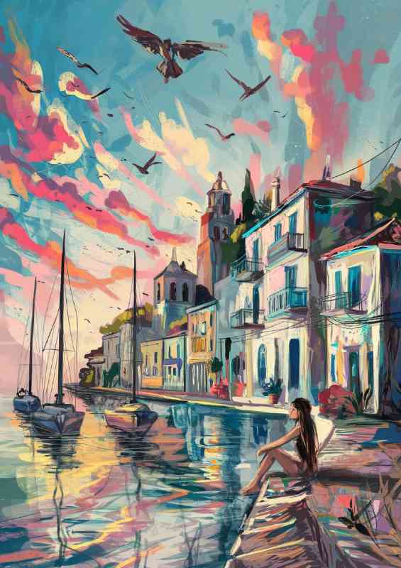 Sunset on a costal town painted style | Canvas