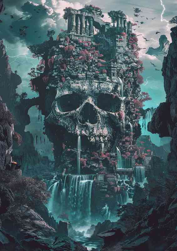 A skull made of stone with waterfalls | Di-Bond
