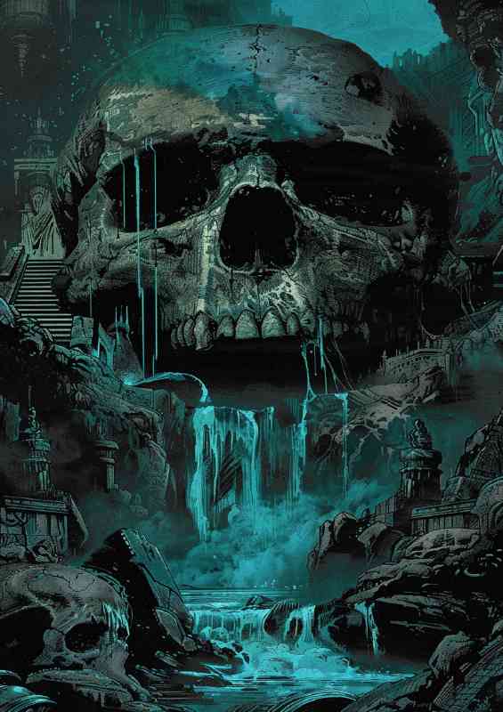Skull with an ancient temple and waterfall | Poster