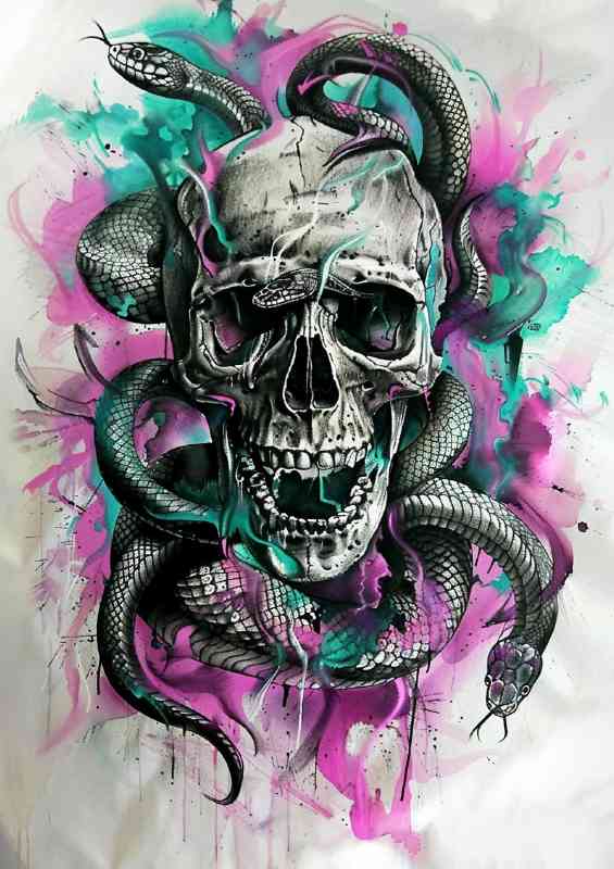 Snakes and skull with a splash of colour | Poster