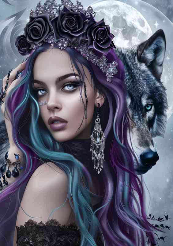 Woman with blue hair and wolf | Metal Poster