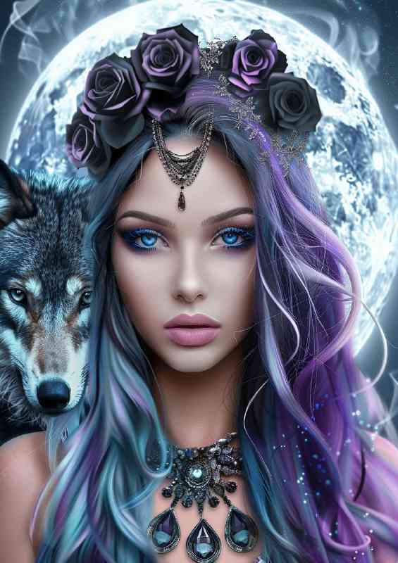 Woman with pink hair and the wolf moon | Metal Poster