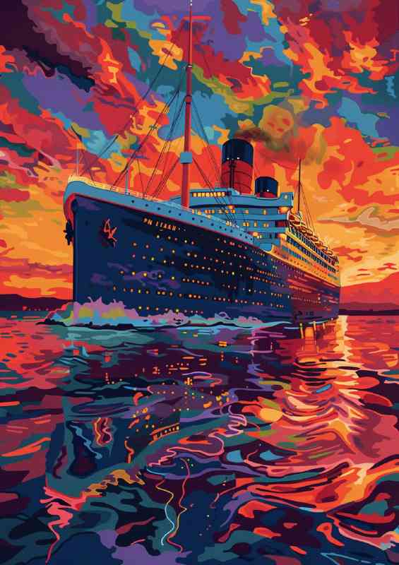 Painting of the titanic in the sunset at sea | Metal Poster