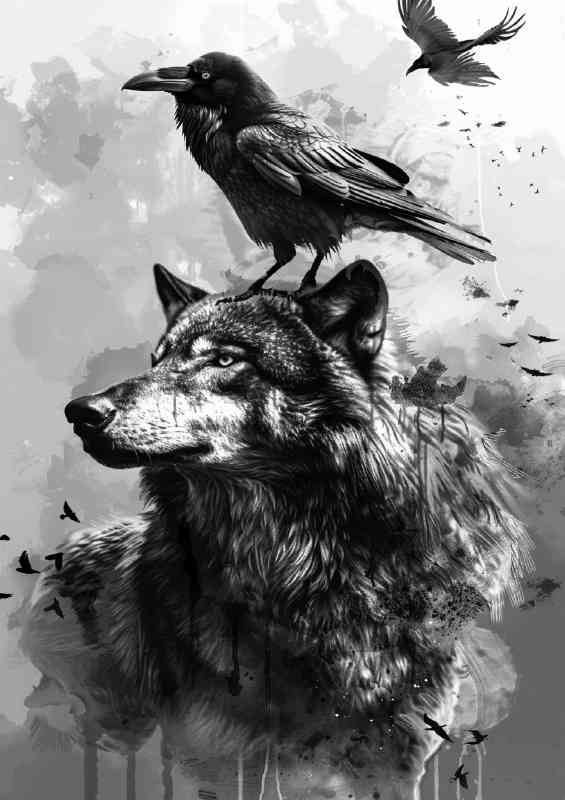 Raven perched on the back of an elegant wolf | Metal Poster