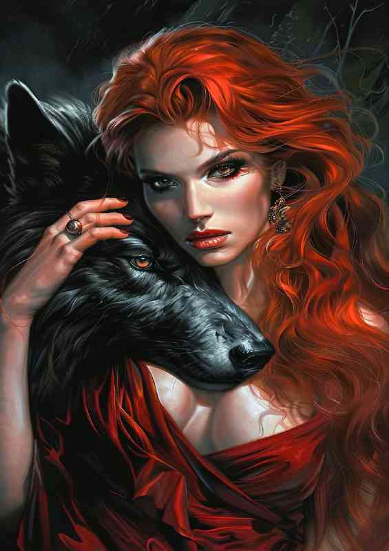 Red haired woman with her black wolk dog | Metal Poster