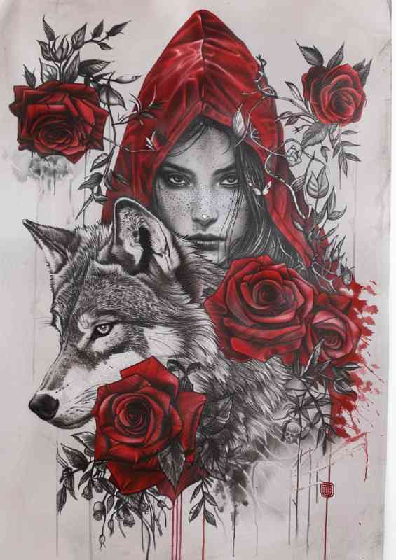 Red hooded girl with roses and the wolf | Metal Poster