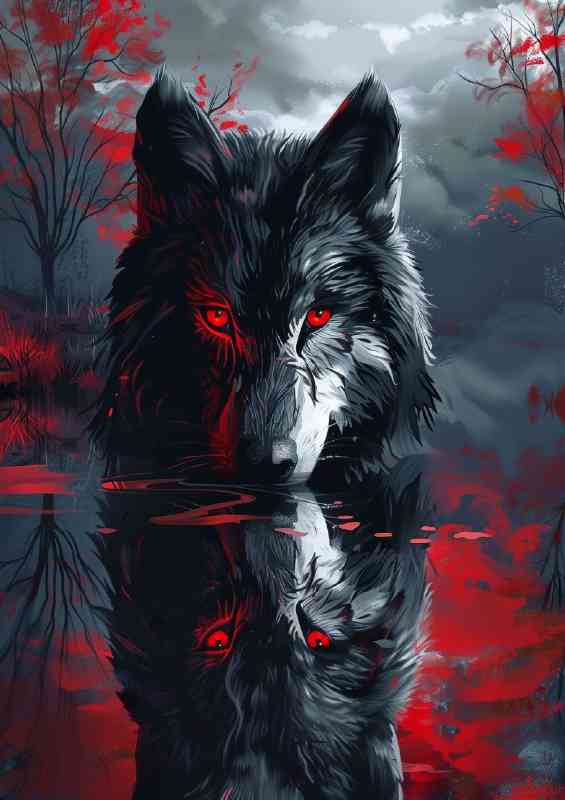 Red lake black wolf with red eyes reflection | Metal Poster