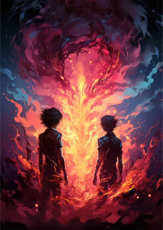 Anime of two boys with fire in dark pink | Canvas