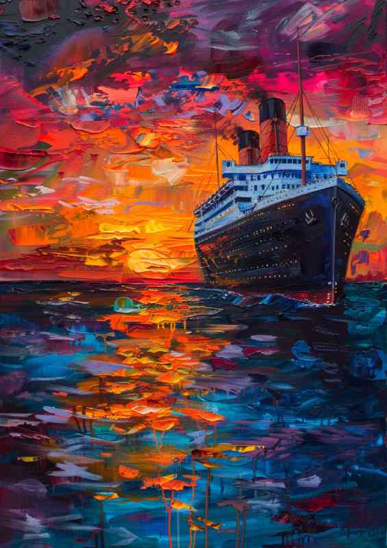 Titanic cruise ship at sunset painted style | Metal Poster
