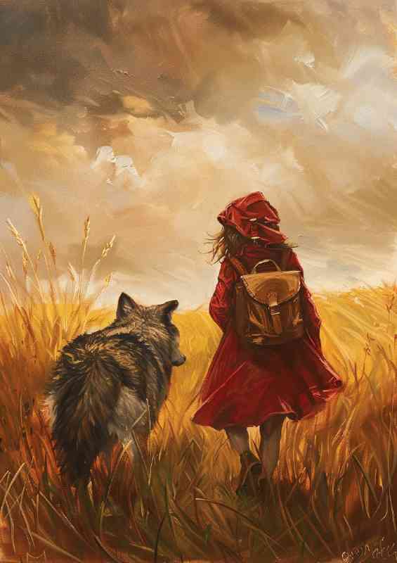 Wolf and red riding hood on a stroll | Metal Poster