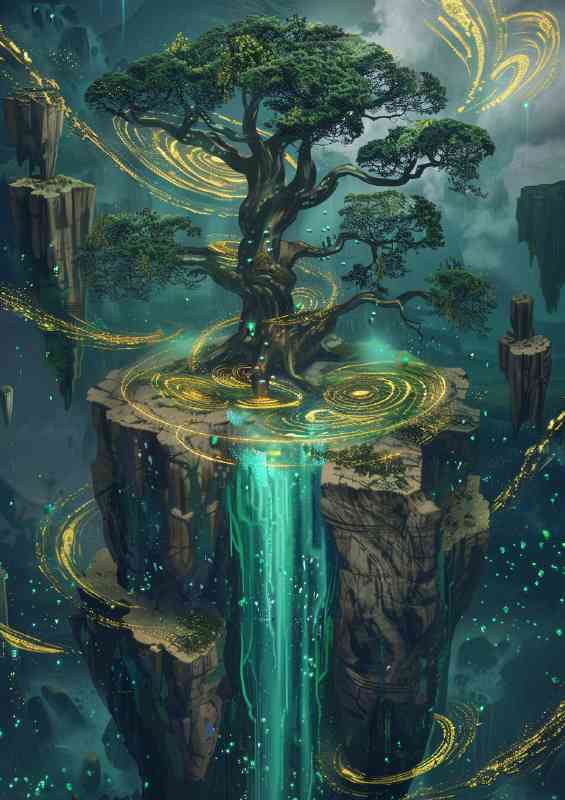 Acient tree in centre of island waterfall in blue | Canvas