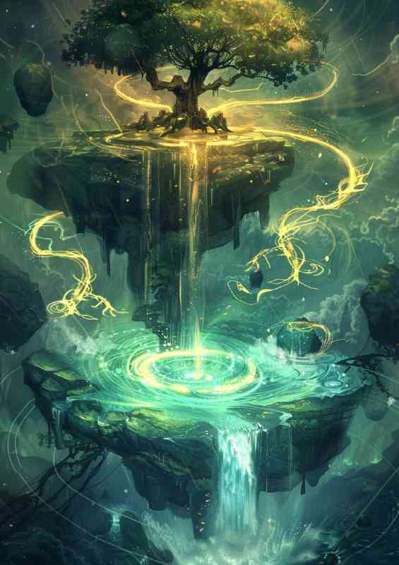 ancient tree glowing water fall island | Poster