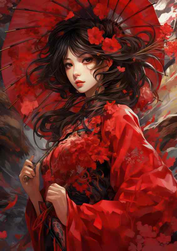 Lady in red robes with a parasol in the wind japanese style | Canvas