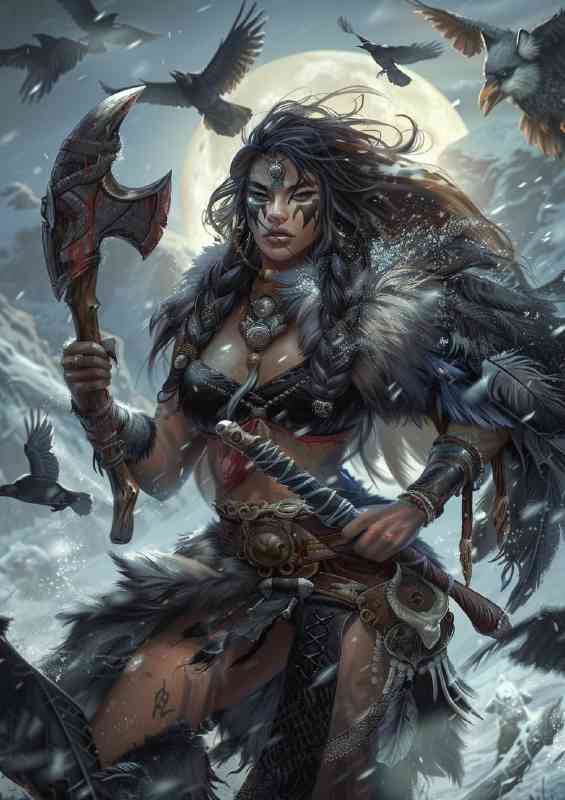 Beautiful shaman woman with wild hair wearing furs | Metal Poster