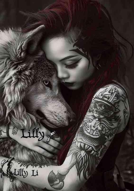 Beautiful tattoed lady with wolf | Metal Poster