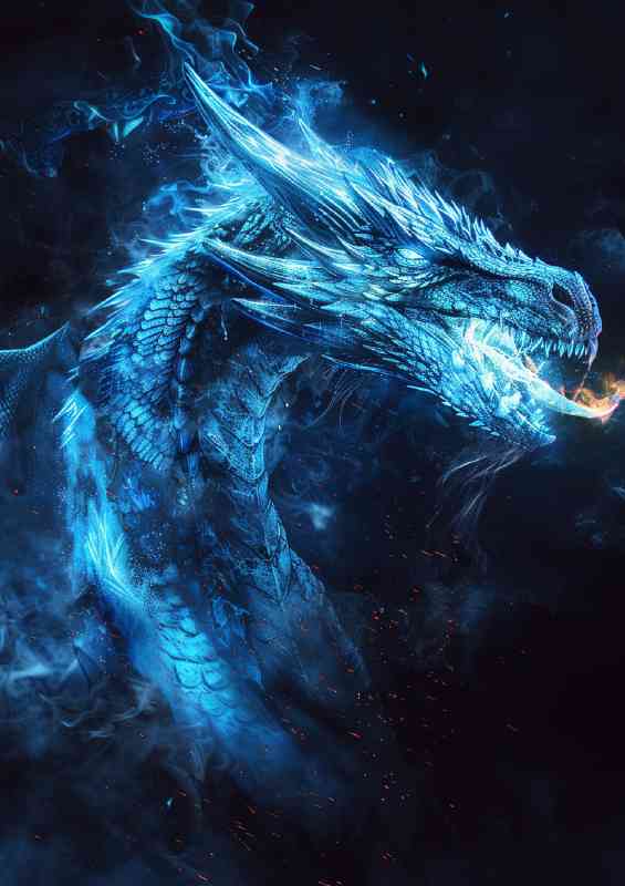 Blue dragon breathing fire | Poster