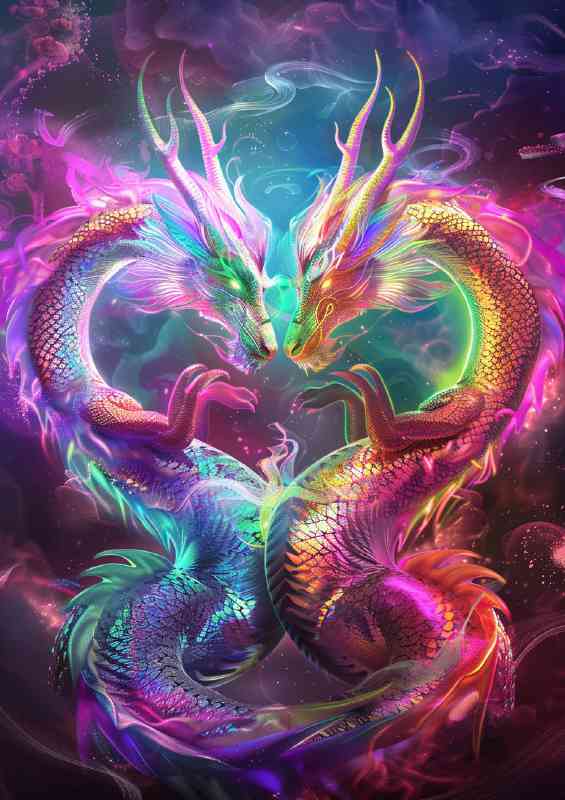 Chinese rainbow dragons full colour | Metal Poster
