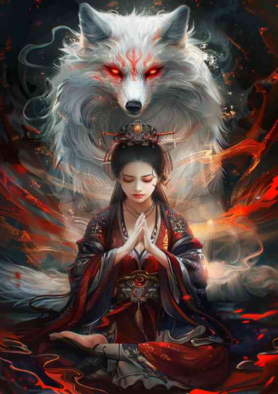 Chinese woman in ancient costume red eyes wolf | Canvas
