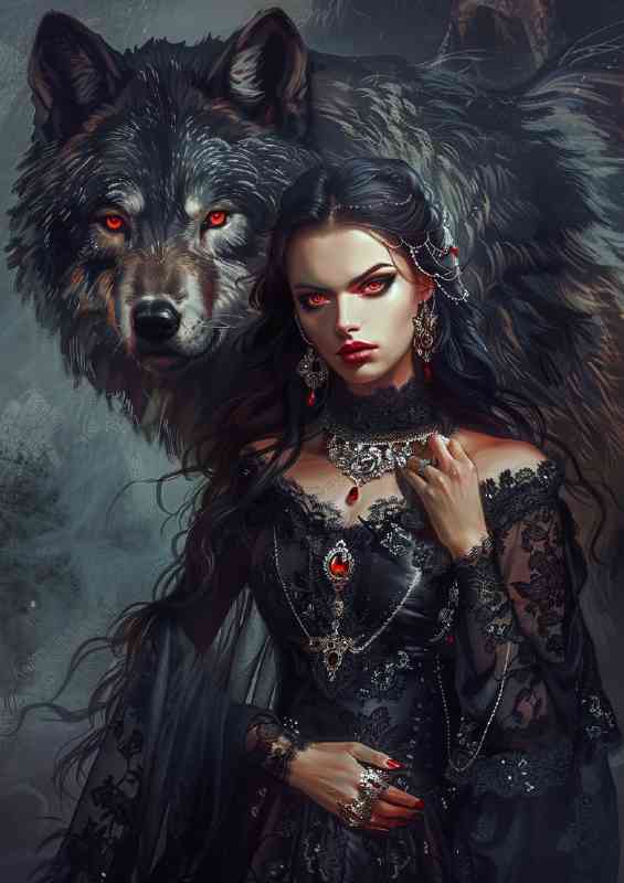 Dark haired woman with her wolf | Canvas