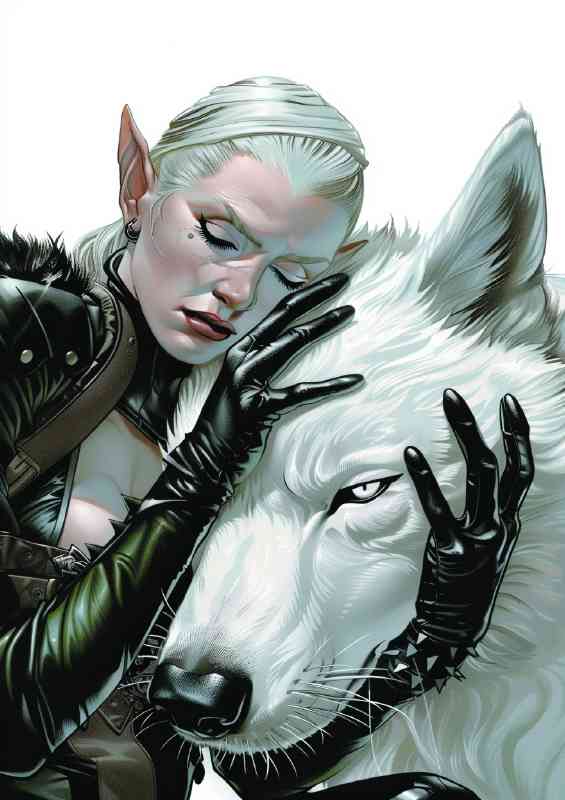 Elf woman and the giant white wolf | Canvas